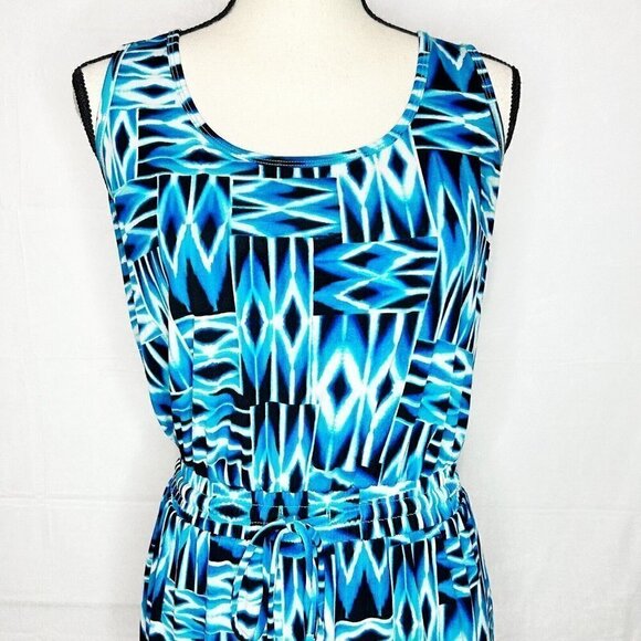 Calvin Klein Blue Print Modern Deco Maxi Dress Cinch Waist Jersey Sz 6 - Picture 3 of 8